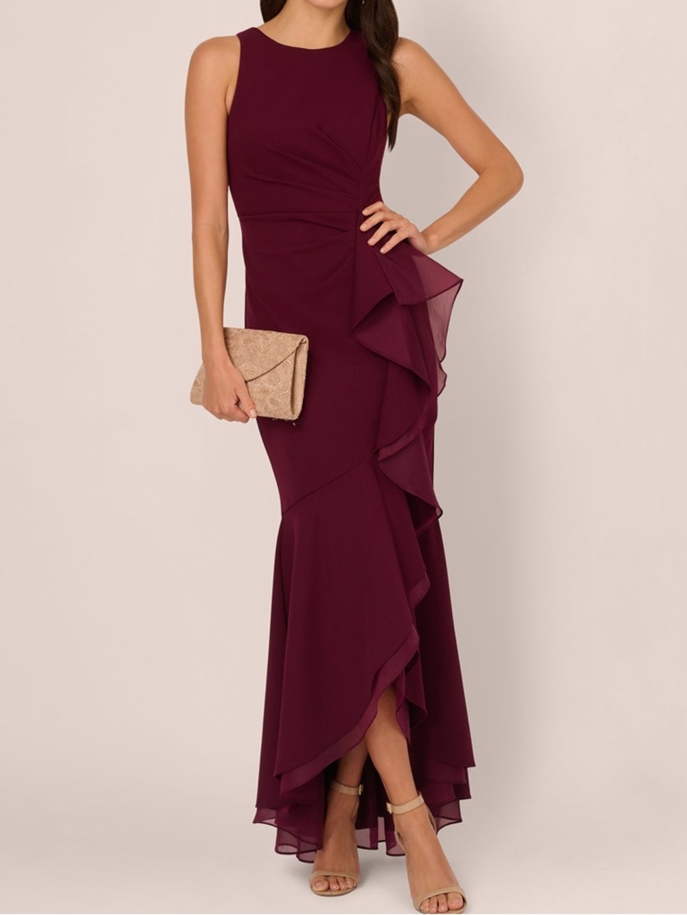 Adrianna Papell High Low Crepe Halter Gown Organza Draping In Cabernet Size 4